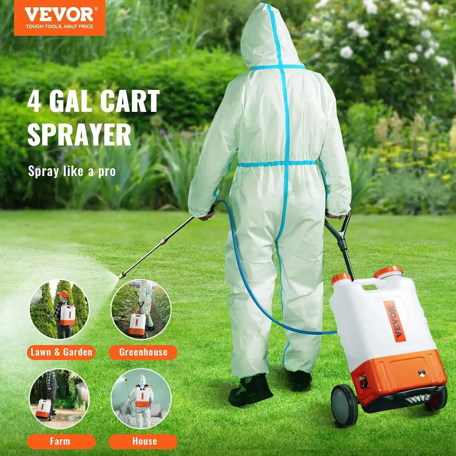 4 Gallon Battery Powered Backpack Sprayer with Wheeled Cart, Adjustable 0-94 PSI, 13FT Hose, 6 Nozzles, 2 Wands Included, Wide M