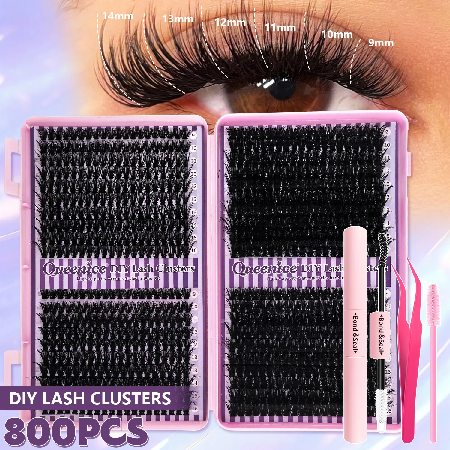 Queenice New DIY Eyelash Extension Kit 4 Styles D Curl Individual False Eyelashes with Bond & Seal Glue, Tweezers & Brush