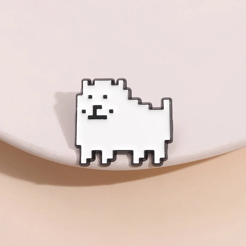 Cartoon Role Playing Enamel Pin Retro Pixel Games White Dog Jewelry Cute Animal Brooches Lapel Badges Gift For Player Friend