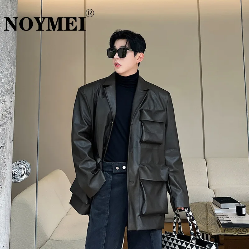 NOYMEI Autumn Large Pocket Silhouette PU Leather Suit Jacket Brown Laepl Single Breasted Men 2024 Korean Syle Coat Chic WA3265