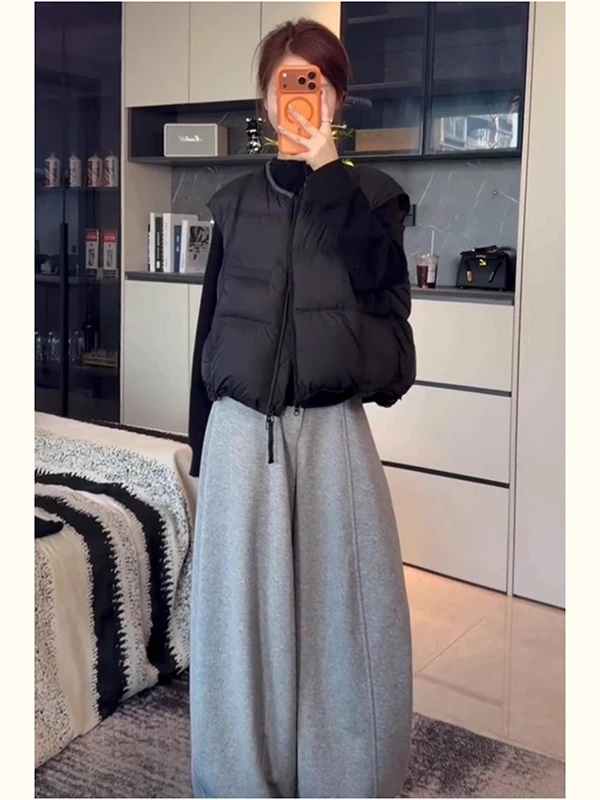 

Korean Sweet Style High-End Black round Neck Cotton Vest Women's Autumn Winter New Fashion Warm Top Commute Style Zipper Closure