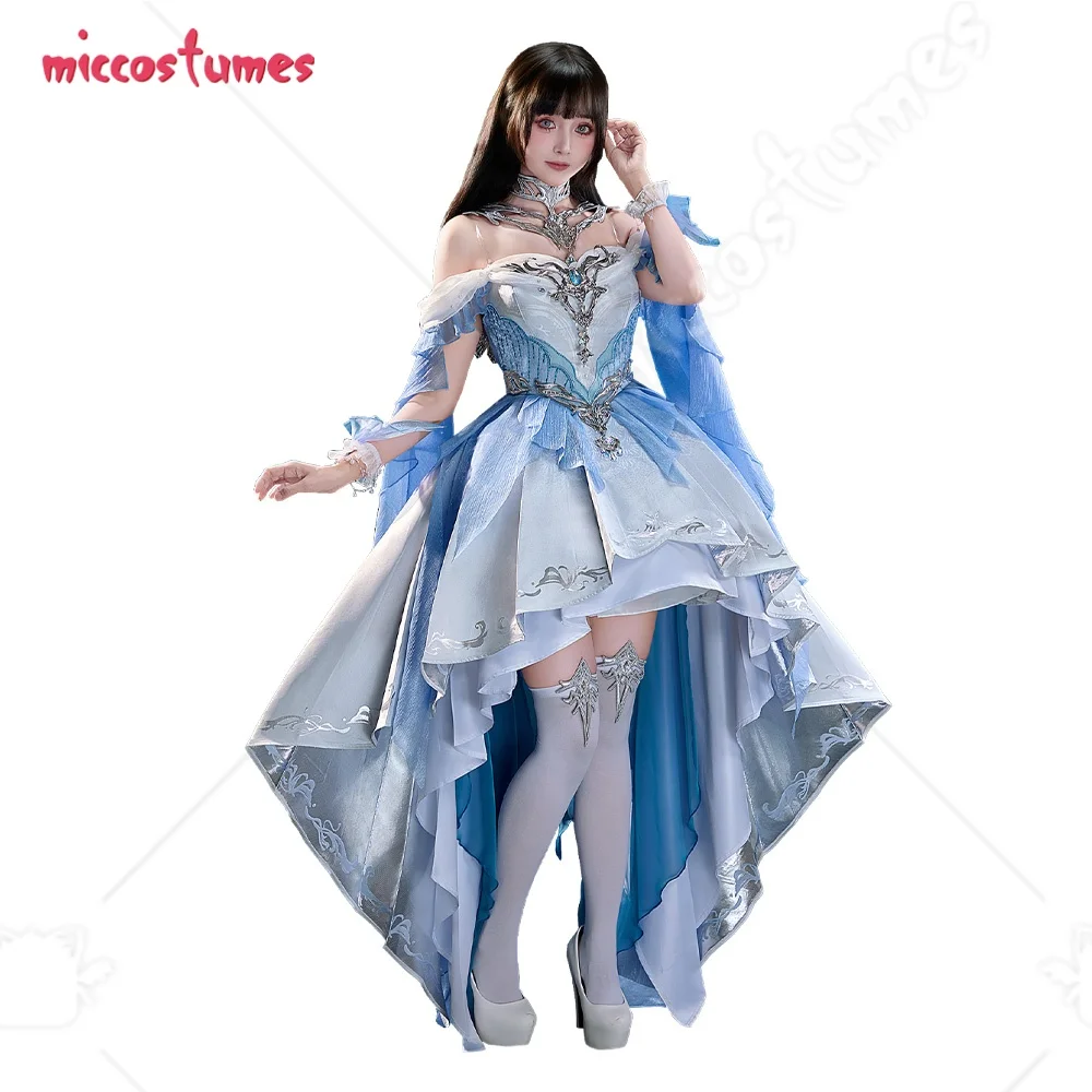 Miccostumes Damen-Heldenin-Cosplay-Kostüm, blaues Mistsea Lament Skin-Kleid mit Halsstück und Socken für Cosplay, Halloween