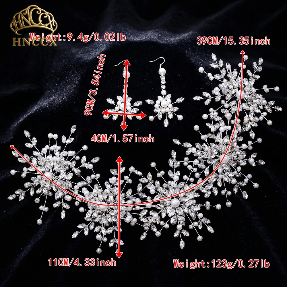 HNCCX Luxury Rhinestone Pearl Bride Headband Earring Setting Handmade Wide Hair Band Wedding Headpieces Accessories HP389