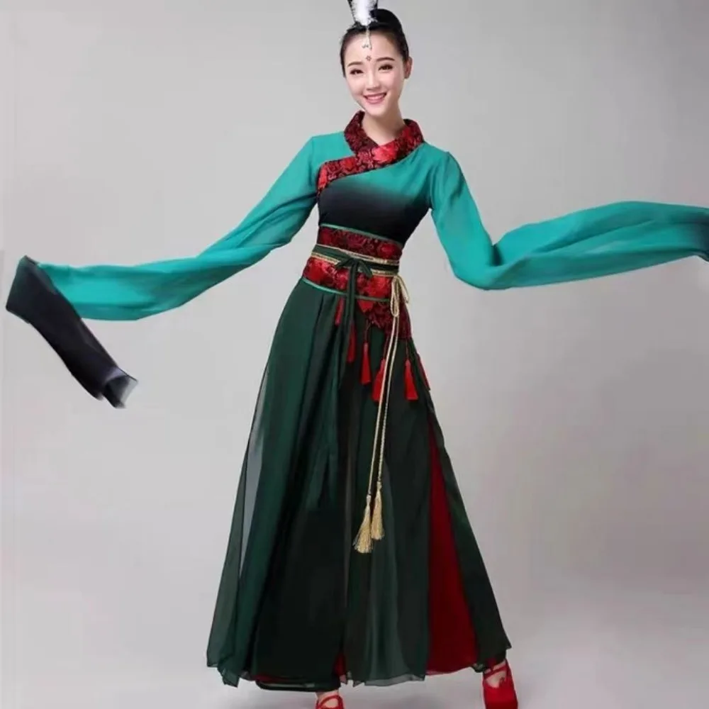 Китайская классическая танцевальная одежда, женский зеленый танцевальный костюм с рукавами воды, сценический наряд, женский костюм