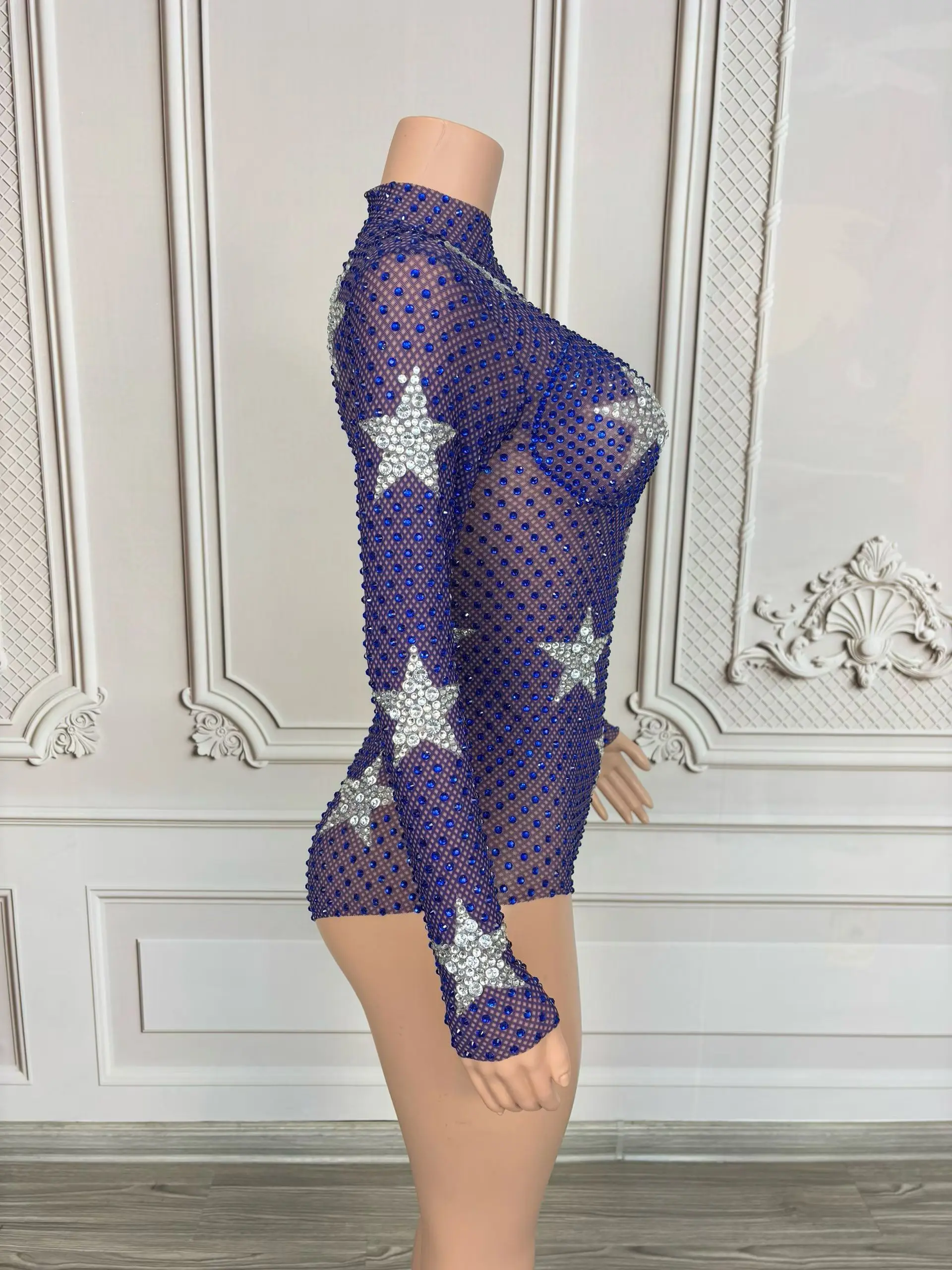 Show girl costume Luxury Party OutfitSilver Pentagram Blue Rhinestone Bodysuit See Through Mesh  High Cut Thong One Piece Leotar