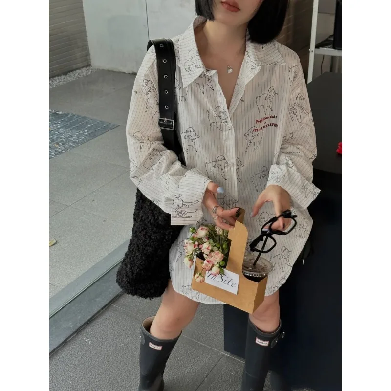 Qweek koreanischen Stil gestreiften übergroßen Hemd drucken lässige Jugend Frauen Blusen Vintage Harajuku Langarm Button-up-Kleidung