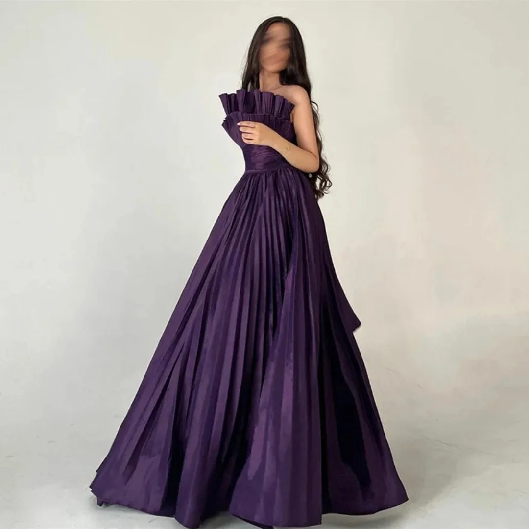 Customize Saudi Arabian women's ball strapless A-line mop dress formal occasion Purple pleated satin girl's ball dress 2024