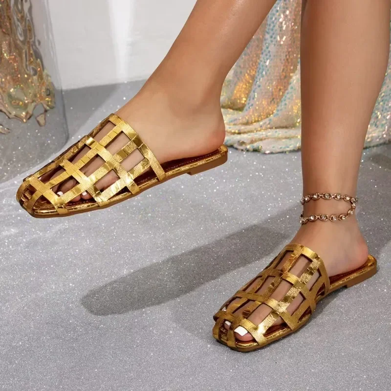 

Модные полые модные золотые мулы с плоской подошвой, женская повседневная обувь, уличный минималистичный дизайн, тапочки Baotou