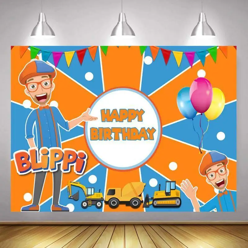 Cartoon Nitree Engineer Hangs Flag Balloon Background Boy's Birthday Party Adorns 3D Children's Photo Studio Digital Backdrop