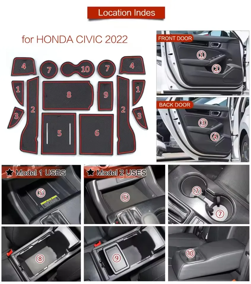 for Honda Civic 2022 11th Anti-Slip Gate Slot Mat Rubber Door Groove Pad Cup Holder Coaster Car Interior Accessories