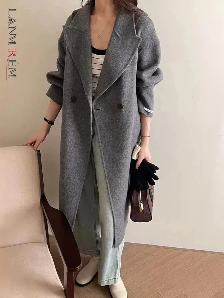 

LANMREM Office Lady Wool Long Coat For Women Notched Collar Solid Color Double Breasted Clothing Fashion 2024 Winter New 2VV310