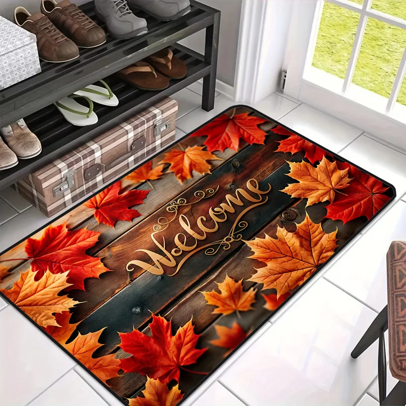 VIKAMA Fall Maple Leaf Welcome Mat Autumn Wood Door Rug Orange Red Leaves Entryway Floor Mat Non Slip Farmhouse Home Decor