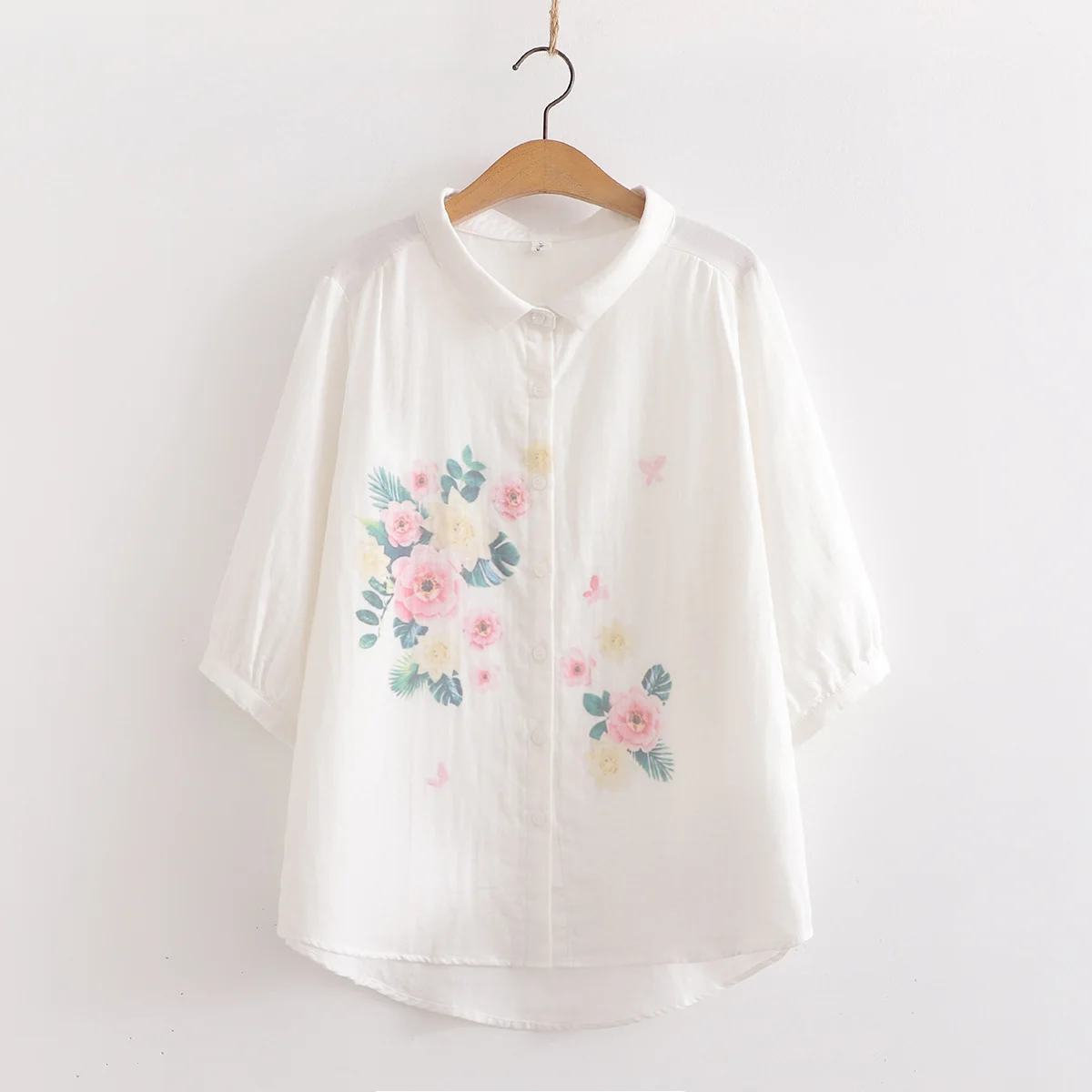 Oversize shirt 100% cotton yarn floral white shirts and blouse for women summer Japan style plus size middle age women blouse