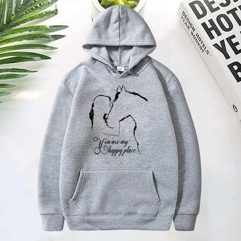 موضة جديدة الحصان والفتاة أنت بلدي مكان سعيد طباعة هوديي الخريف الشتاء الصوف طويلة الأكمام البلوز للنساء جولة الرقبة