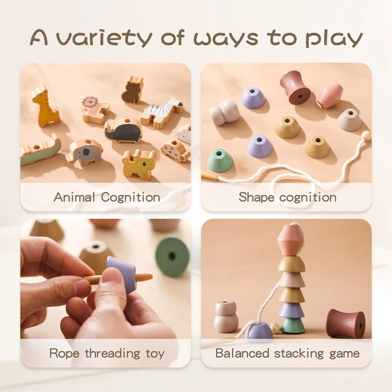 Jouets d'enfilage d'animaux en bois pour bébés, blocs empilables, jeux de société, perles d'enfilage, cadeau