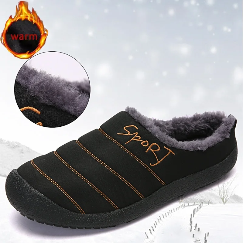 

Winter Men Warm Cotton Slippers Home Rubber Outsole Plush Shoes Waterproof Couple Thick Sole Slides Casual Half Slippers