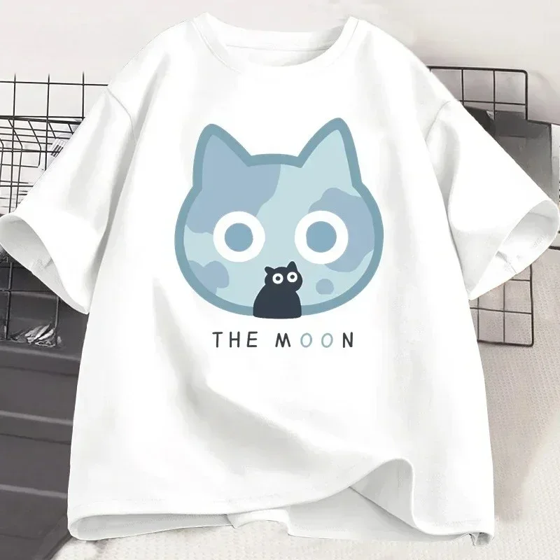 

He Moon Cute Black Cat T-shirt Women's Cartoon Cotton Short Sleeve T-shirt Loose T-shirt Suitable for Men and Women Clothing