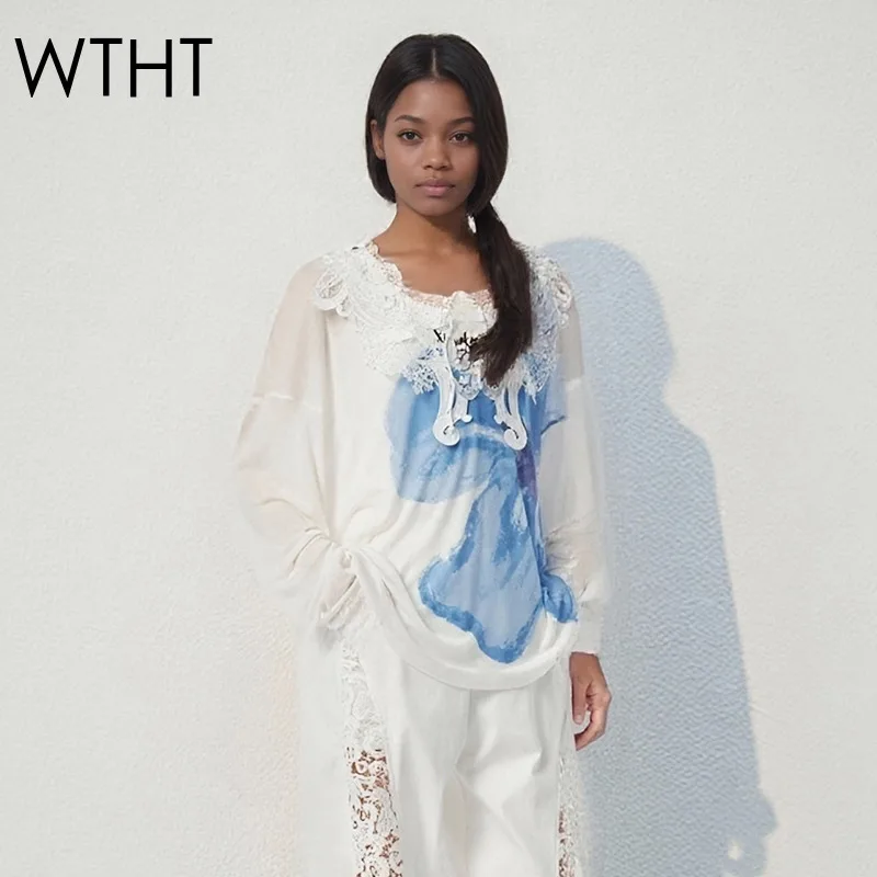 

WTHT Trendy Women Flower Print Spliced Lace Edge Loose T-shirt 2025 Summer Fashion Long Sleeve Sunscreen Clothing Female 1LS2275