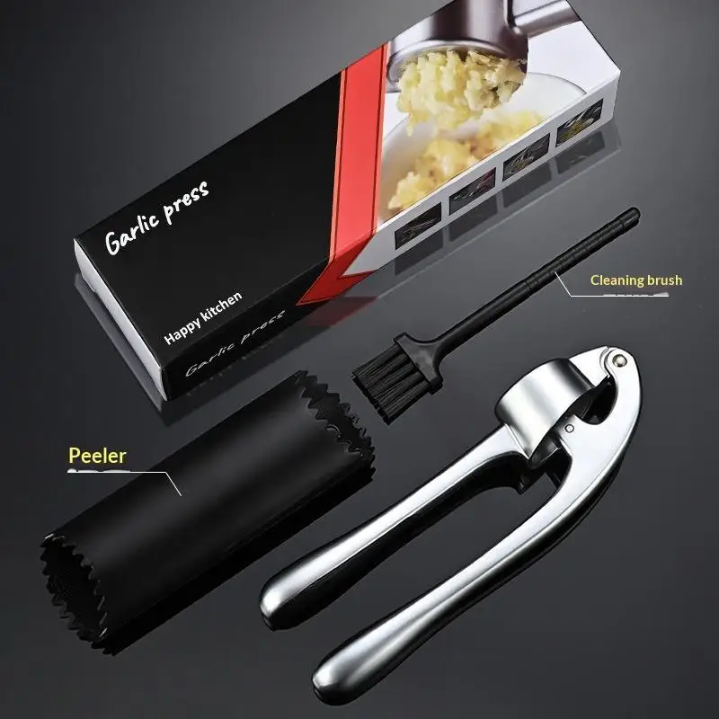 Zinc Alloy Garlic Press With Peeler And Cleaning Brush Rust Resistant For Home Kitchen Prep