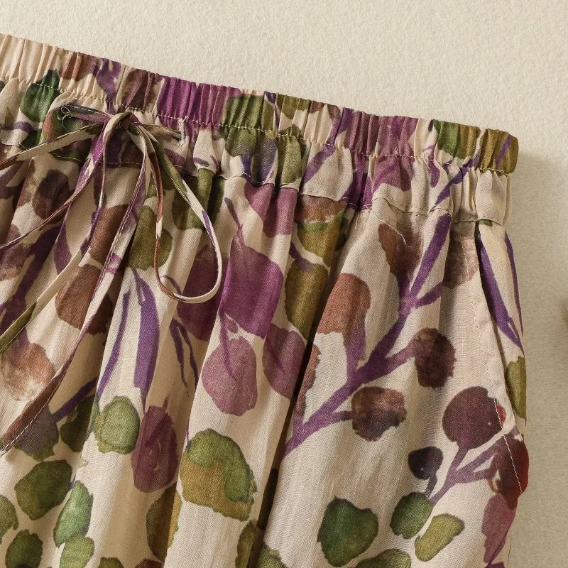 2025 nuova estate elastico in vita gonna con stampa floreale donna stile cinese allentato vintage letterario tutto fiammifero midi gonne a trapezio