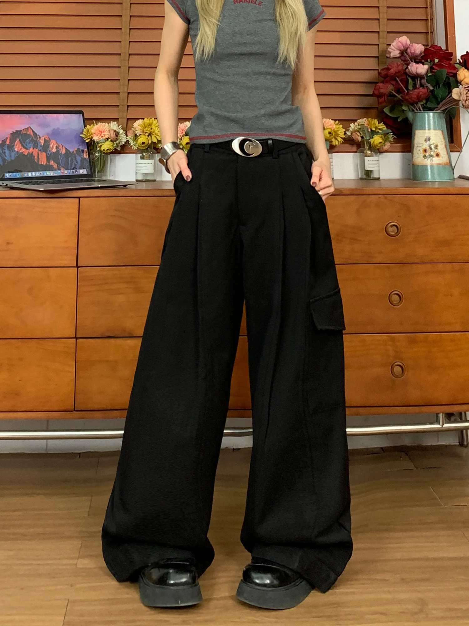 

Крутые широкие брюки трапециевидной формы для девочек, плиссированные брюки, тонкая прямая рабочая одежда, брюки с высокой талией, повседневные брюки из полиэфирного волокна