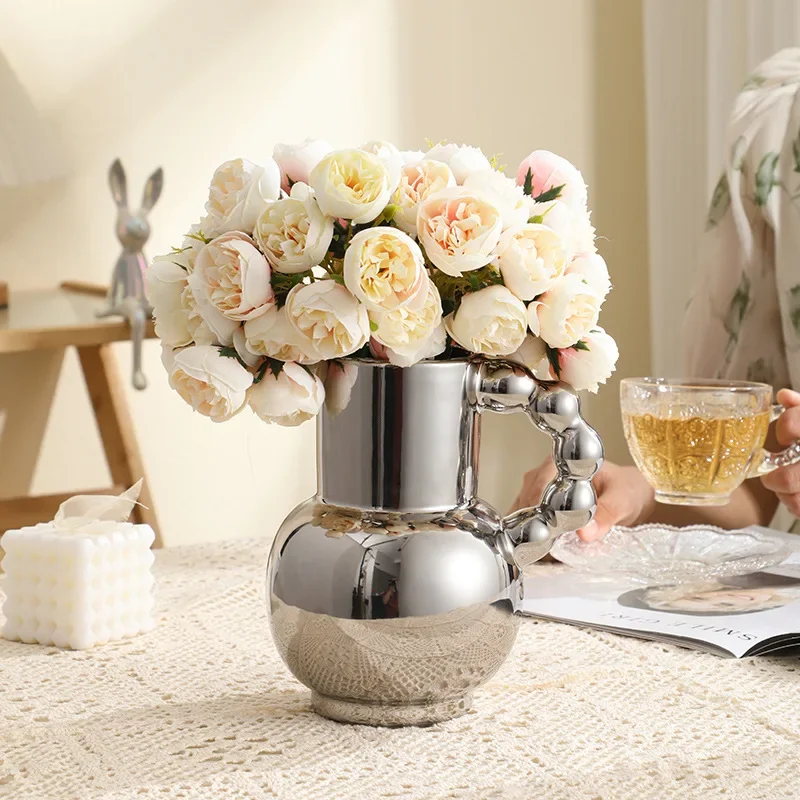 Internet celebrity modern handle milk pot vase living room flower arrangement ceramic high-end flower pot vase flower utensil