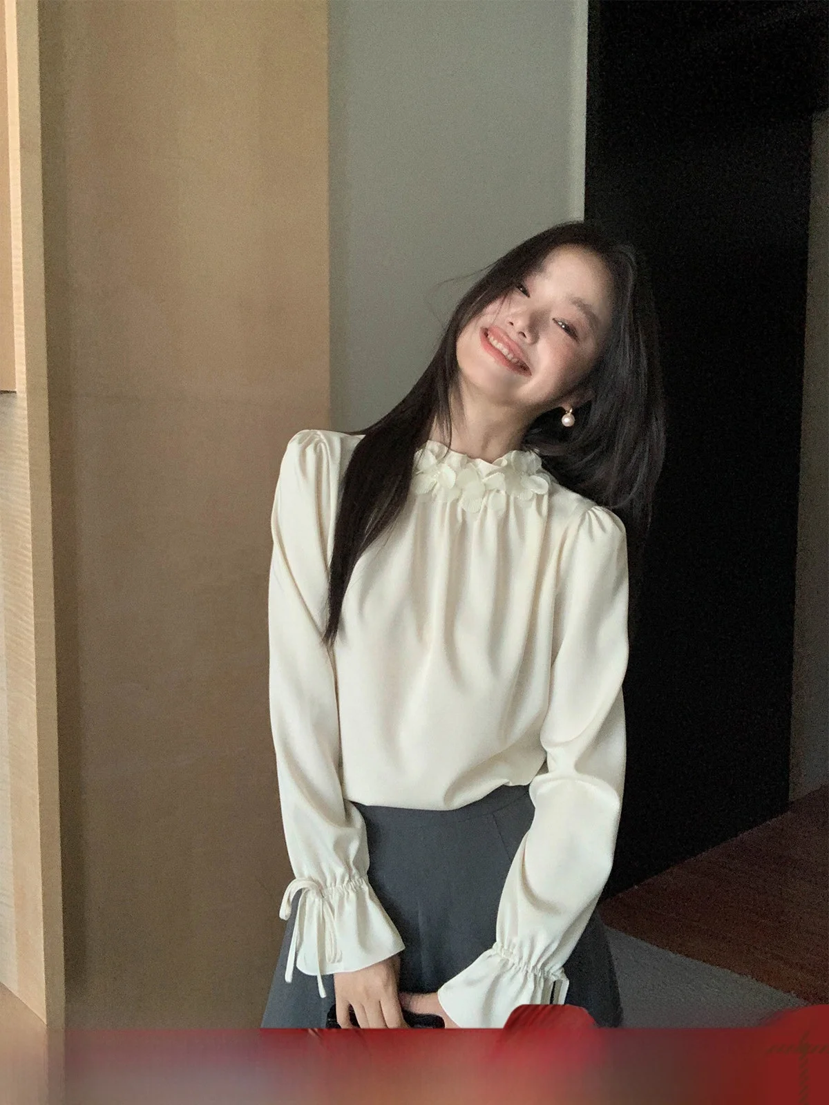 

Ele Stand Collar Bell Sve irt Women's Faion Commute Sle Polyester Fabric Pure Color Long Sve Slim Fit irt