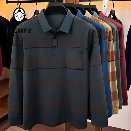 Office Daily Long Sleeve Polo Men Lapel Neck Striped Texture Fabric Clean Placket Design Versatile Casual Wear