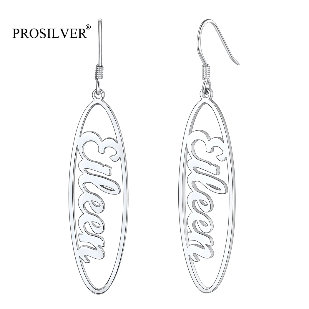 

PROSILVER Oval Custom Name Earrings 925 Sterling Silver Dainty Dangle Drop Earring Personalized for Women Girls PYE15074