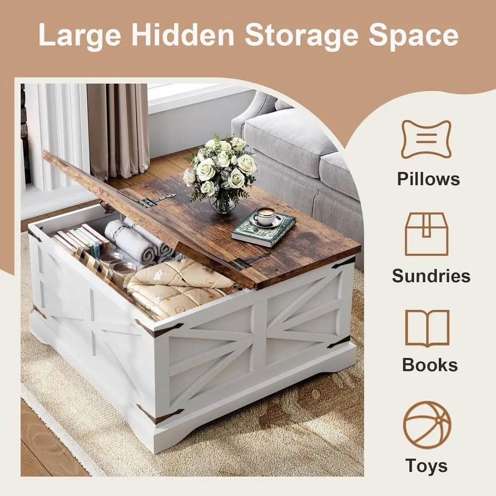 Coffee Table with Storage, Square Coffee Tables for Living Room, Rustic Wood Center Table with Hinged Lighting Tabletop, White