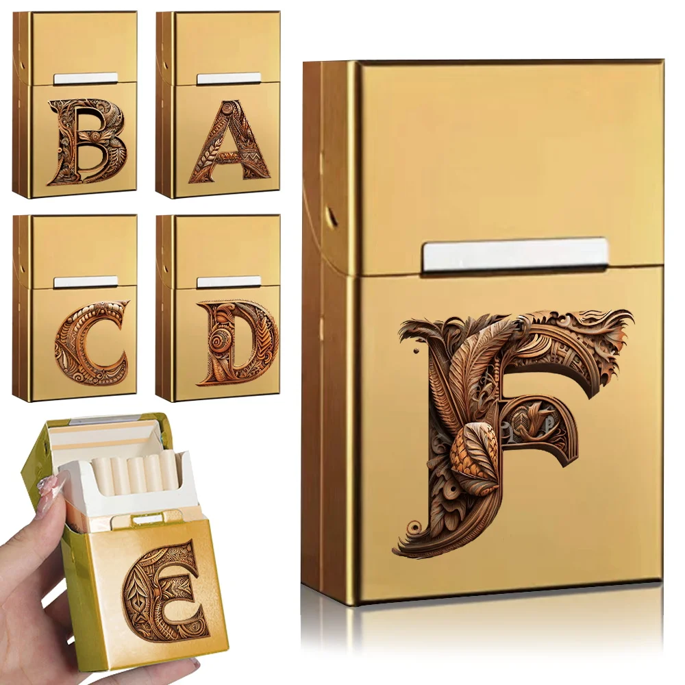 Metal Cigarette Cigar Case Pocket Smoking Organizer Holder Portable Tobacco Storage Box Travel Container Wood Art Letter Pattern