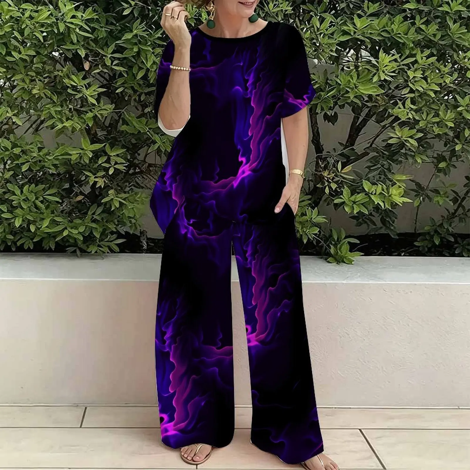 Plus Size Vintage Print Two Piece Set Ladies Casual Short Sleeved Elegance Tops Everyday Street Sport Pants
