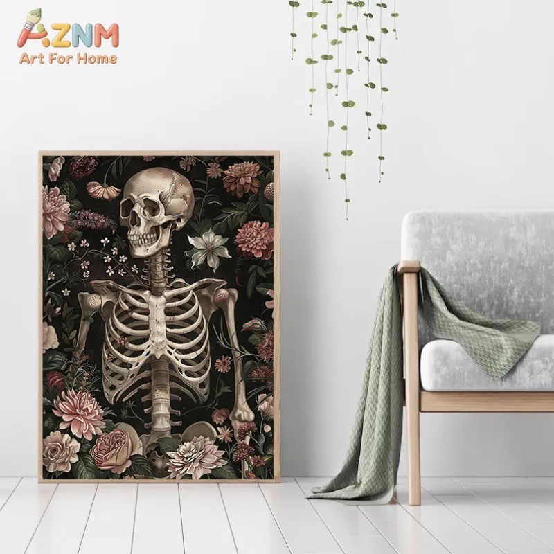 AZNM Gothic Floral Human Organ Skeleton Canvas Wall Art Vintage Anatomical Heart Lung Kidney Dark Botanical Print Unframed Canva