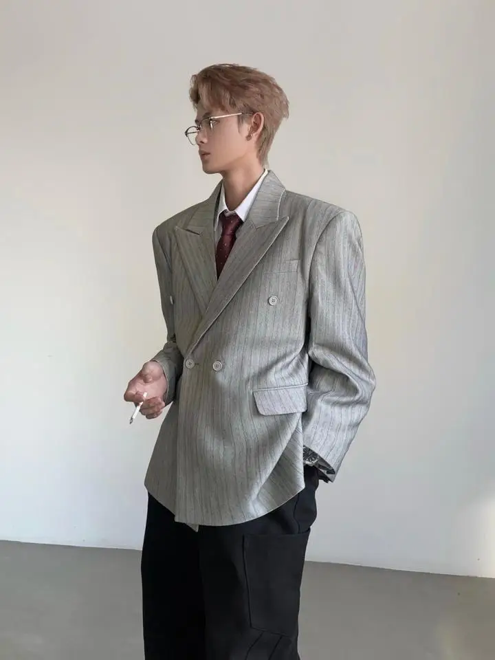 Gray Check Pattern Men's Suit Casual Fashion City Style Long Sleeve Business Casual Polyester Blend Jacket with Double Breast...
