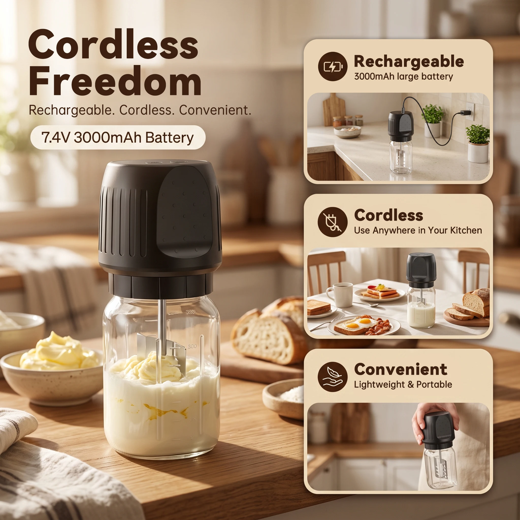 Electric Butter Churner 1L Glass Jar Cordless Rechargeable Butter Maker 20W Brushless Motor Digital Display For Home Kitchen