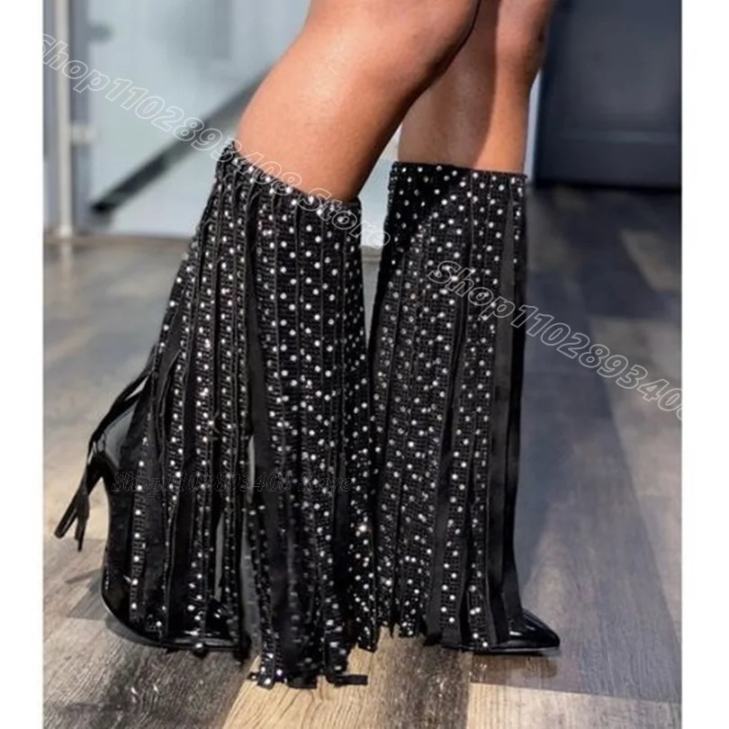 Black Tassel Style Patent Leather Boots Pointed Toe Solid British Style Newest Dance Party Women Shoes 2024 Zapatos Para Mujere