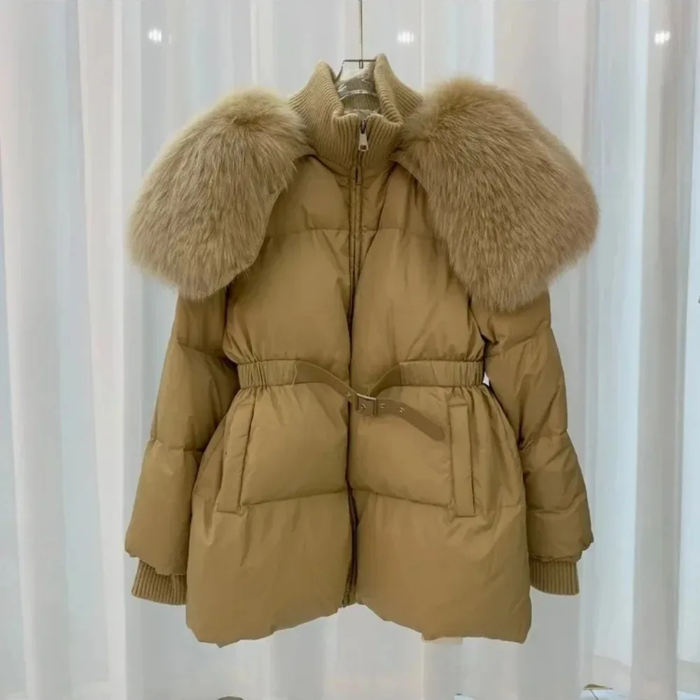 Real Natural Fox Fur Collar Down Jacket Ladies Fashion White Goose Down Jacket Winter Thick Down Jacket Warm Fur Coat