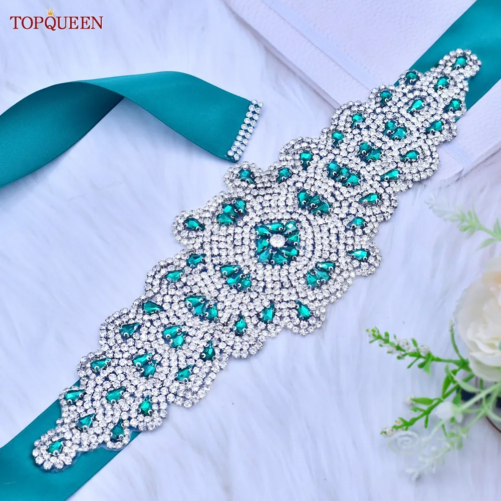 TOPQUEEN-Cinturón de novia S88, diamantes de imitación verdes, decoración decorativa para fiesta de boda, vestido de noche, accesorios para mujer