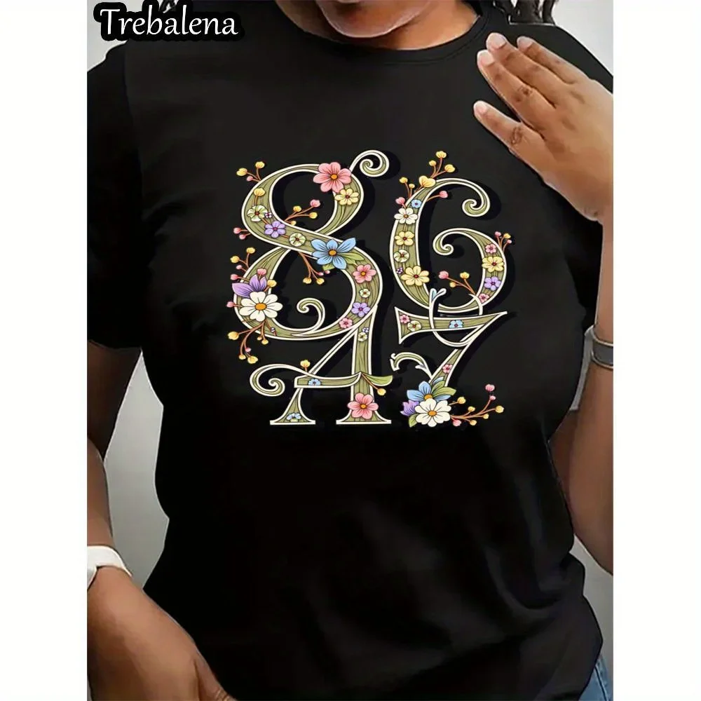 

Plus Size Women's T-shirt Floral Number 86 and 47 Graphic Tee Black Shirt for Women Summer Casual T-Shirt Casual Summer
