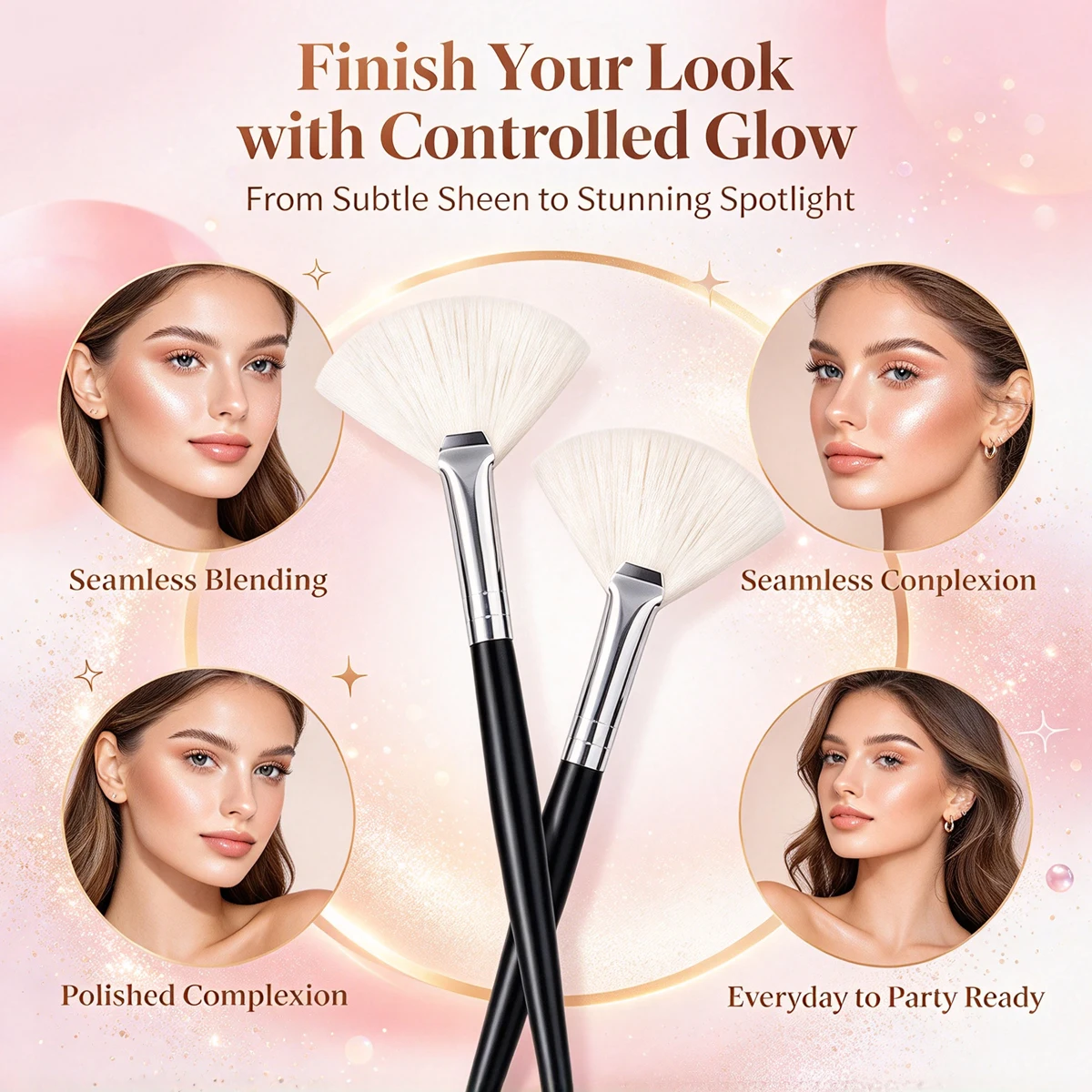 Pro 2Pcs Fan‑shaped Blush Contour Brushes - Lightweight Sheer Powder Application, Precise Cheek Highlight & Blush Makeup Tools