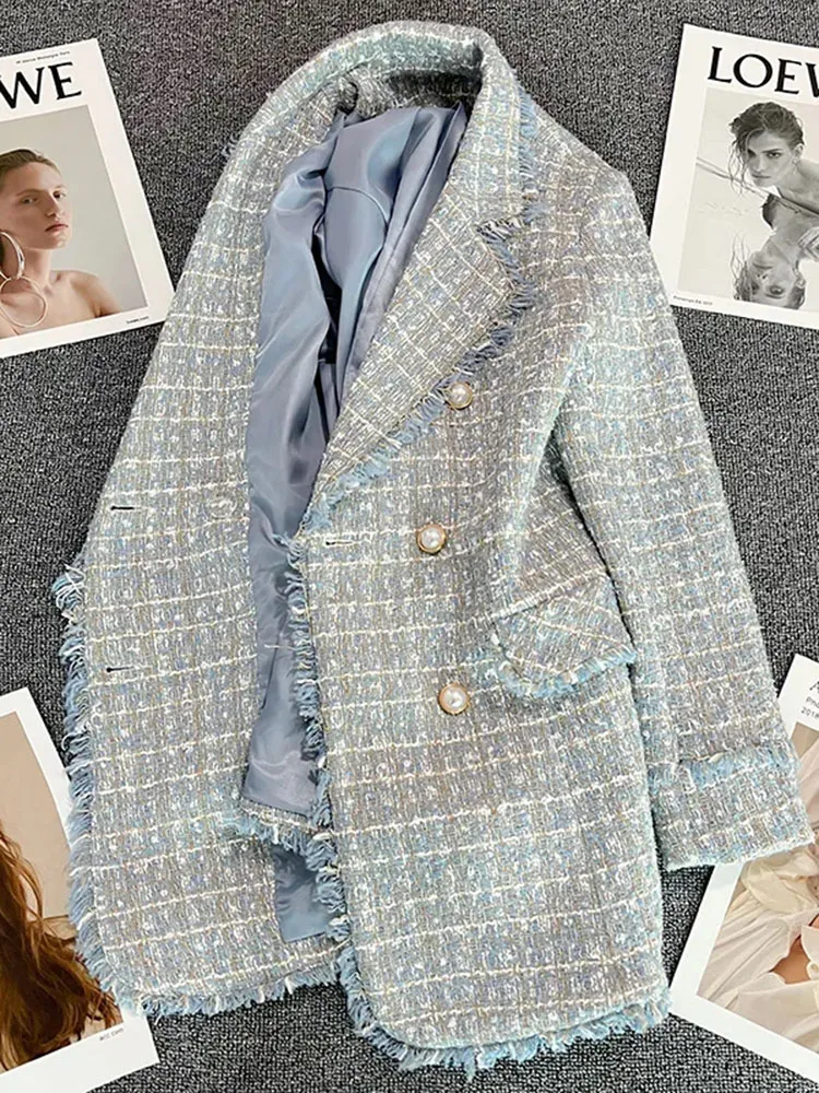 High-quality Temperament Tweed Women Jacket 2023 Autumn Long Sleeves Double Breasted Blazer Female Fashion Elegant Suit Coat