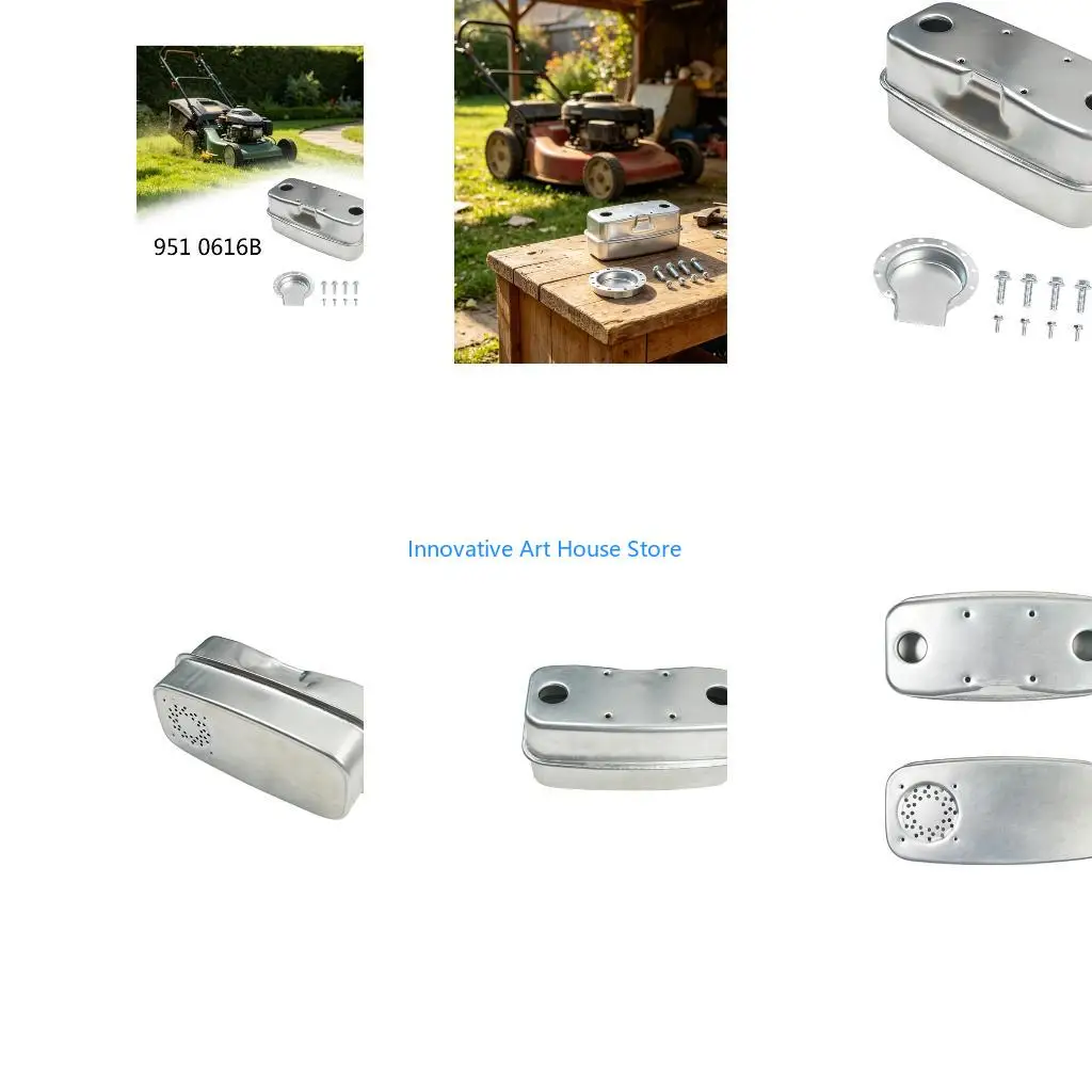 E1PC 951 0616B Muffler for Lawn Mower Exhaust Service, Two-Port Metal Assembly with Mounting Hardware for Maintenance Tasks and