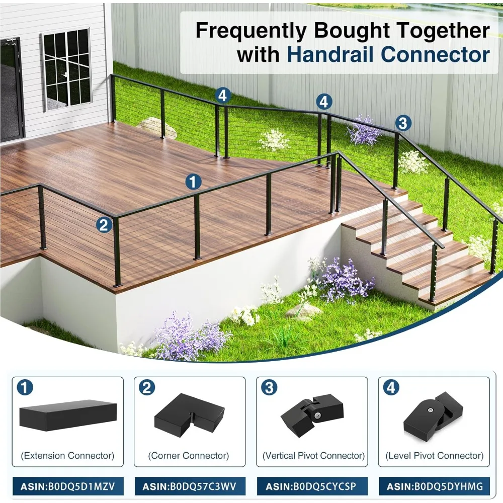درابزين أسود من الفولاذ المقاوم للصدأ 304 خارجي مطور لأنظمة درابزين الكابلات، عبوتان، 3/64 سكة مستطيلة مسطحة، Dur #5