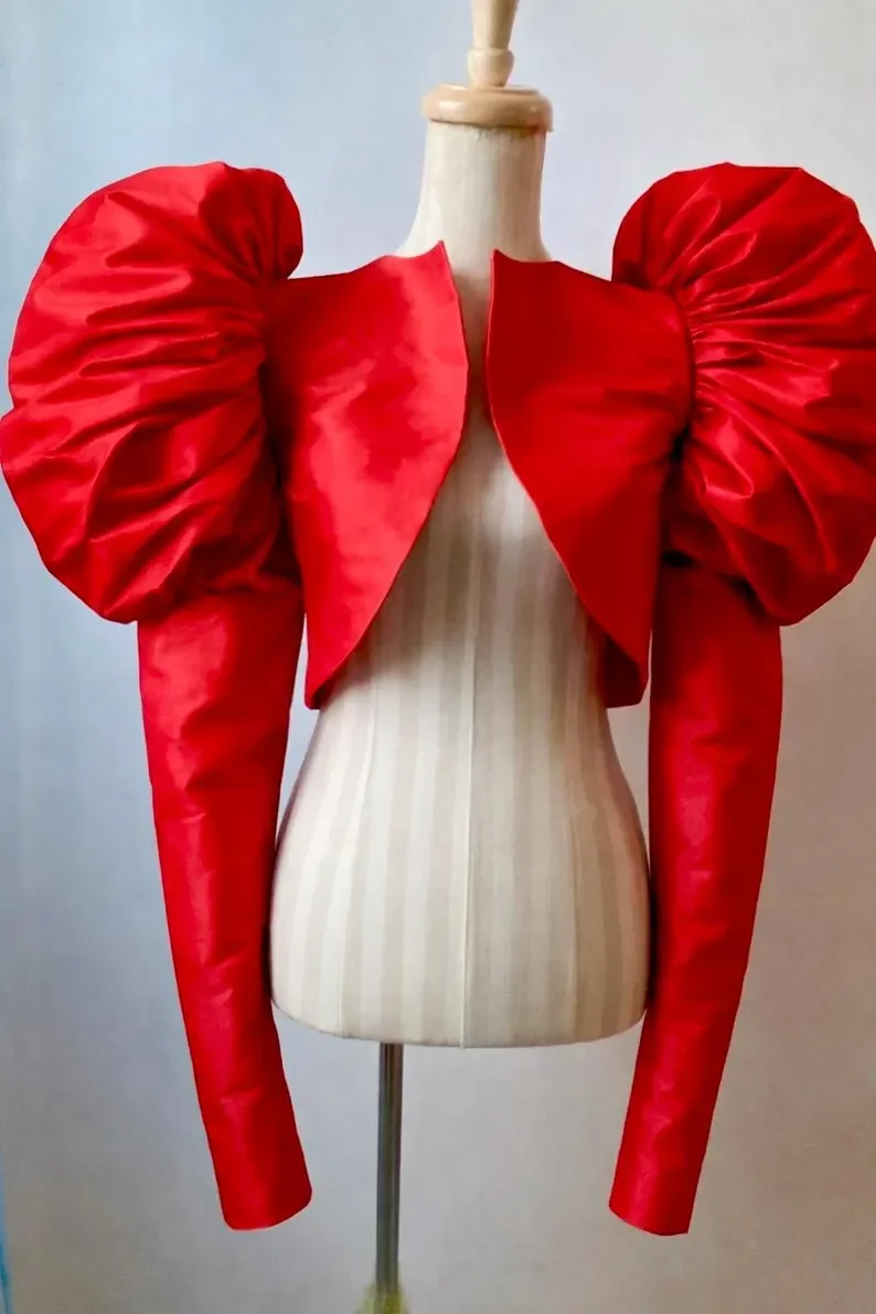 Customized Fashion Satin Ruffles Wedding Jacket Cap Sleeves Bride Boleros Bridal Capes Women Full Sleeves Top Cover image 4