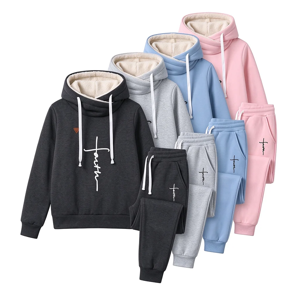Casual Women's 2 Piece Outfit Winter Warm Fleece Lined High Neck Hoodie + Jogger Pants Set Faith Letter Print Activewear