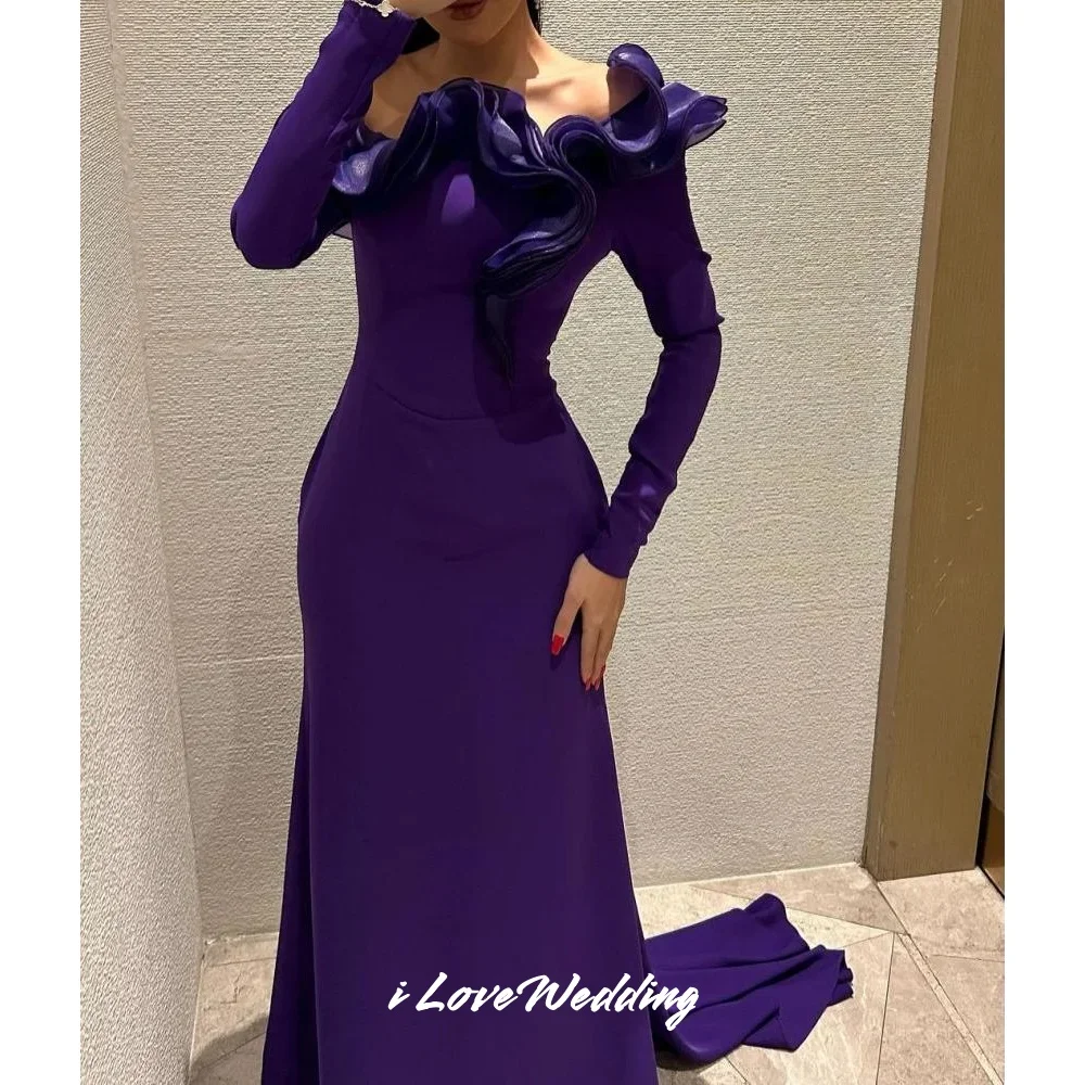 

Purple Off Shoulder Evening Dress 2025 Long Sleeve Ruffles Mermaid Pleat Floor-Length Sweep Train Wedding Party Dress Customized