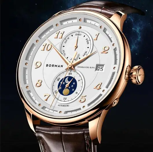 BORMAN Мужские автоматические часы 41 мм Роскошные механические наручные часы Водонепроницаемые с сапфировым стеклом Мультициферблат Месяц Дата