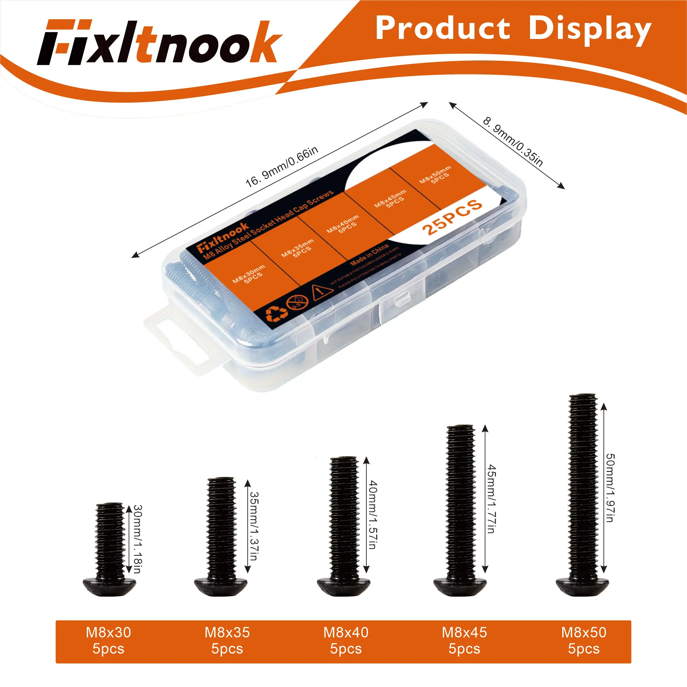 

25PCS,M8 X 10mm -25mm Button Head Hexagonal Screw, Grade 10.9 Alloy Steel, Black Oxidation Treatment