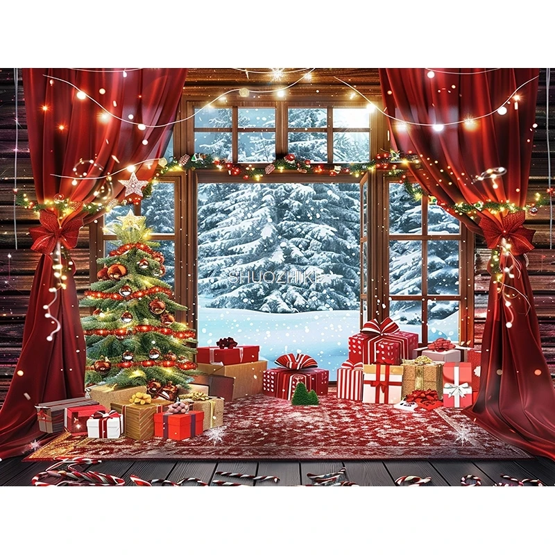 JU-05พื้นหลังประตูไม้พวงมาลัยของตกแต่งต้นไม้คริสต์มาสหน้าต่างเตาผิงพร็อพสำหรับฤดูหนาวดอกไม้วันคริสต์มาส