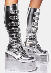 Liquid Silver Leather Knee High Platform Boots Women Metallic Buckle Straps Metal Plates Back Zipper Wedges Long Boot Prom Shoes